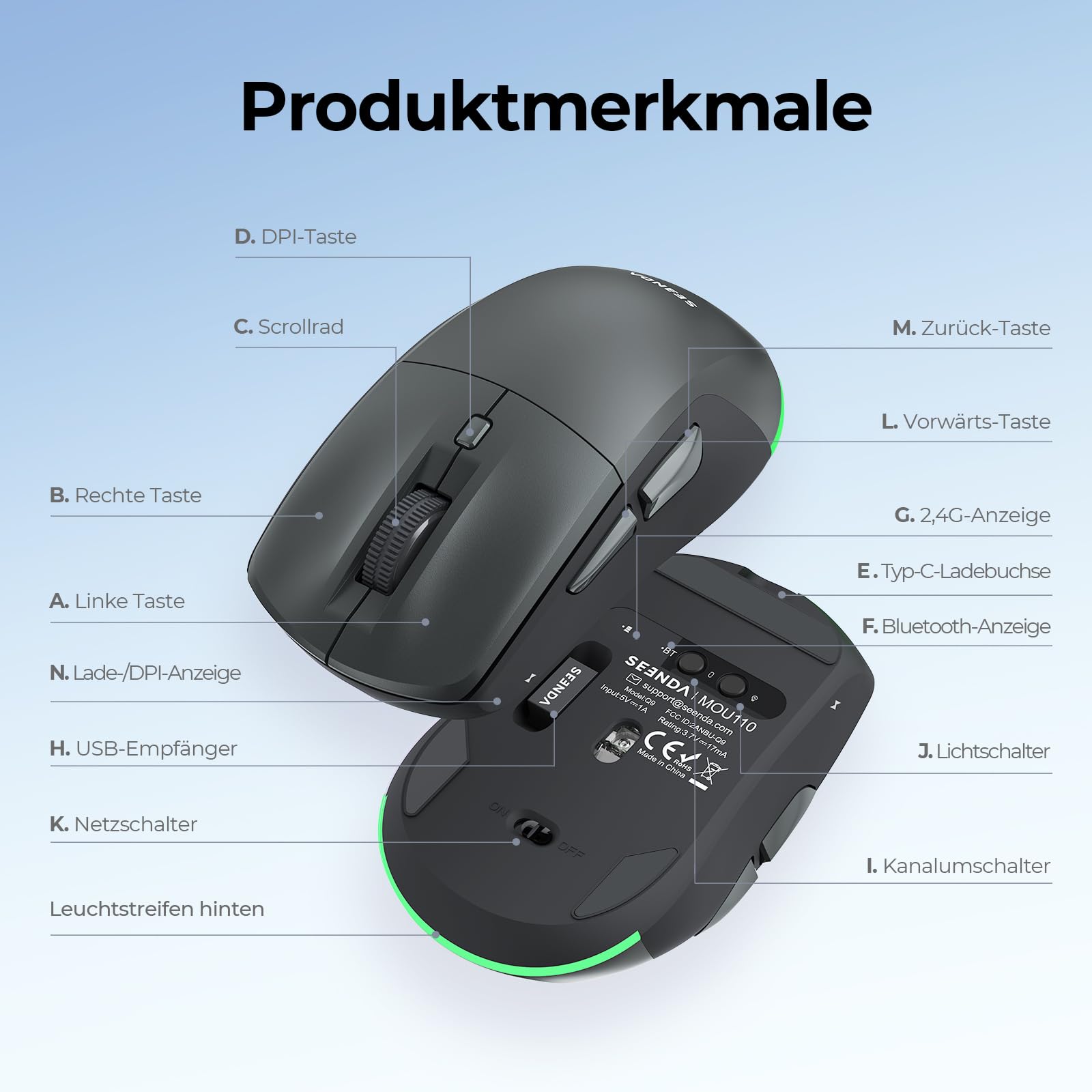 seenda MOU110 Bluetooth Maus mit RGB-Beleuchtung, Leise, Schwarzgrau 9