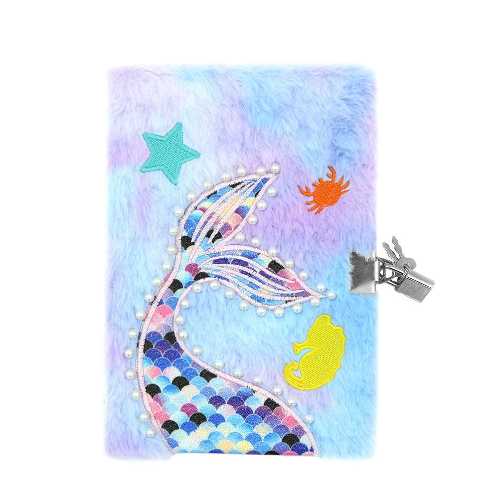 A5 Plush Mermaid Notebook,Mermaid Diary Glitter Journal Hardcover Lined Portable Notepad Furry Notebook with Pearl Lock and Key Party Gift for Girl Kid Secret Diary Set School Home Office Supplies