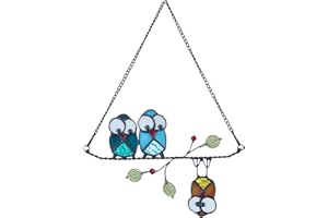 RSWARDELECO Stained Glass Birds,owl,Stained Glass Window Hanging,Multicolor Owls on The Living Tree with Green Leaf and red Berries,Bird suncatcher for Windows Room Home,Bird Deco,Gift for Mom,and Bird Lovers.