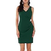 WOMLAYOUT Women's Wedding Guest V Neck Sleeveless Faux Wrap Ruched Bodycon Cocktail Sheath Dress