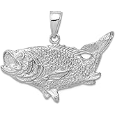 JewelryWeb 14k White Gold Bass Animal Sealife Fish With Tail Up 2-d Charm 22x27mm Wide Pendant Necklace for Women