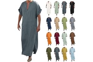 YOUYING Kaftan Thobe Mens Short Sleeve V-Neck Linen Robe Big and Tall Muslim Robe Casual Loose Lightweight Long Sleeping Gown