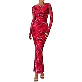 PRETTYGARDEN Women's Long Sleeve Floral Fall Wedding Guest Dress Casual Crewneck Ruched Bodycon Mesh Long Maxi Dresses