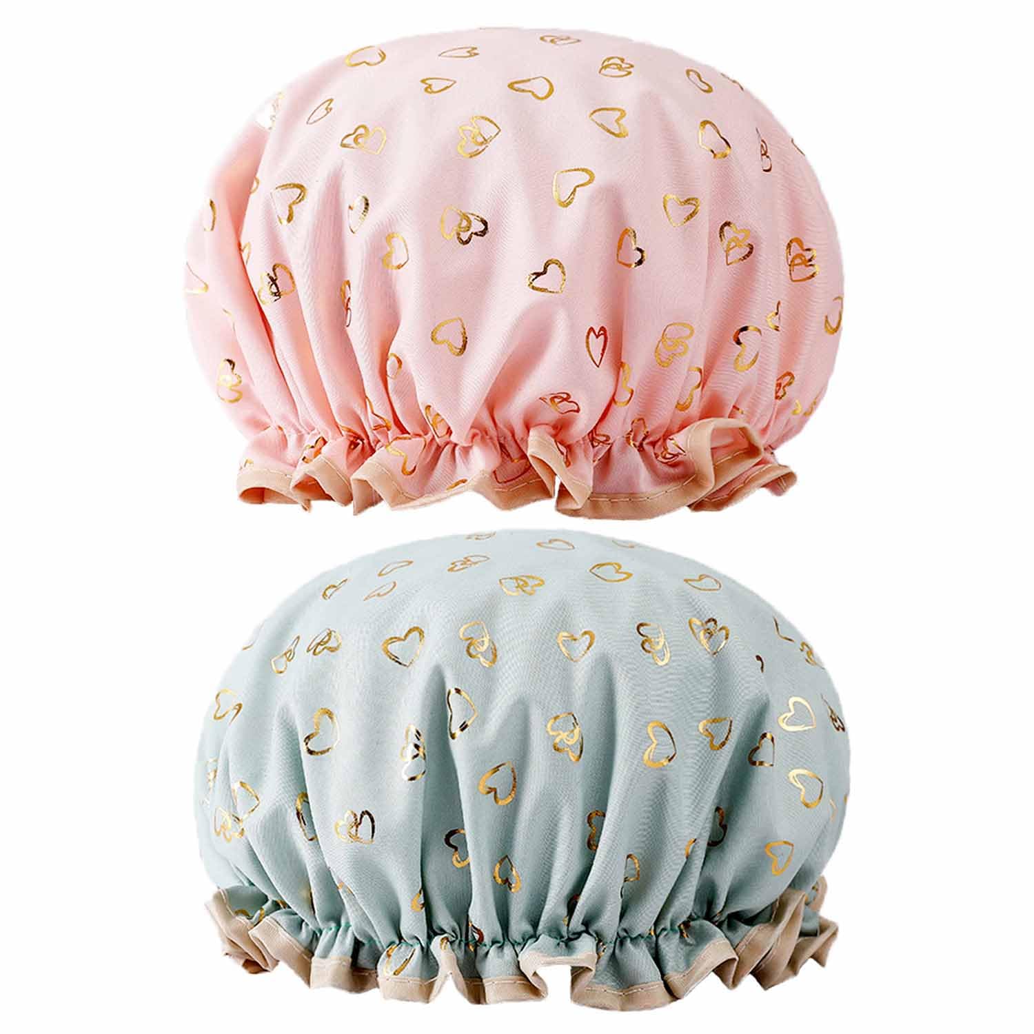 Yiapinn 2 Pcs Bath Caps Elastic Band Double Layers Waterproof Shower Caps With Ruffled Edge Covering Ears Keeping Hair Dry Kitchen Oil-proof Cap for Girls and Women — image 1