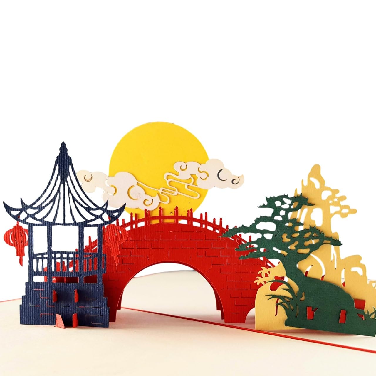 iGifts And Cards Inspirational Asian Pavilion Scenery 3D Pop Up Greeting Card Full Moon, Romantic Bridge, Lanterns, Pine Tree, Half-Fold, Birthday, Mid-Autumn Festival, Chinese New Year — image 1
