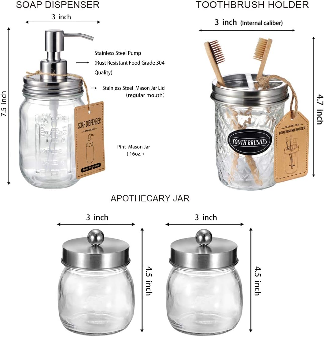 Mason Jar Bathroom Accessories Set- 6PCS - Lotion Soap Dispenser,Toothbrush Holder,2 Apothecary Jars(Qtip Holder), Soap Dish,Storage Organizer Basket - Rustic Farmhouse Decor (Brushed Nickel): Kitchen & Dining