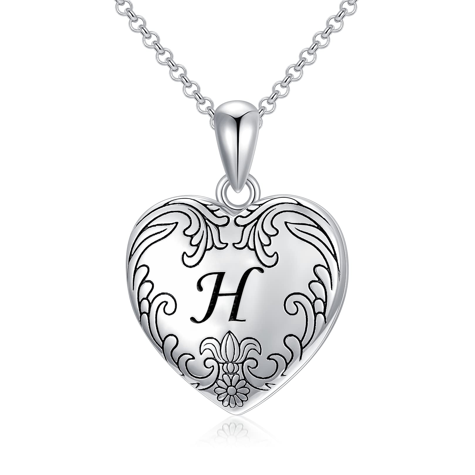 SOULMEET 18K White Gold Plated Silver Cameo Initial Heart Locket Necklace That Holds Pictures Photo Locket Necklace Alphabet H (Locket only),Gift for Women Girls