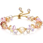 BELLA-Bee Healing Crystal Bracelets for Women Adjustable Rainbow Crystals Amethyst Tourmaline Natural Stone Beaded Bracelets for Women Spiritual Jewelry for Wishes, Protection and Anxiety Relief with Meaning Card