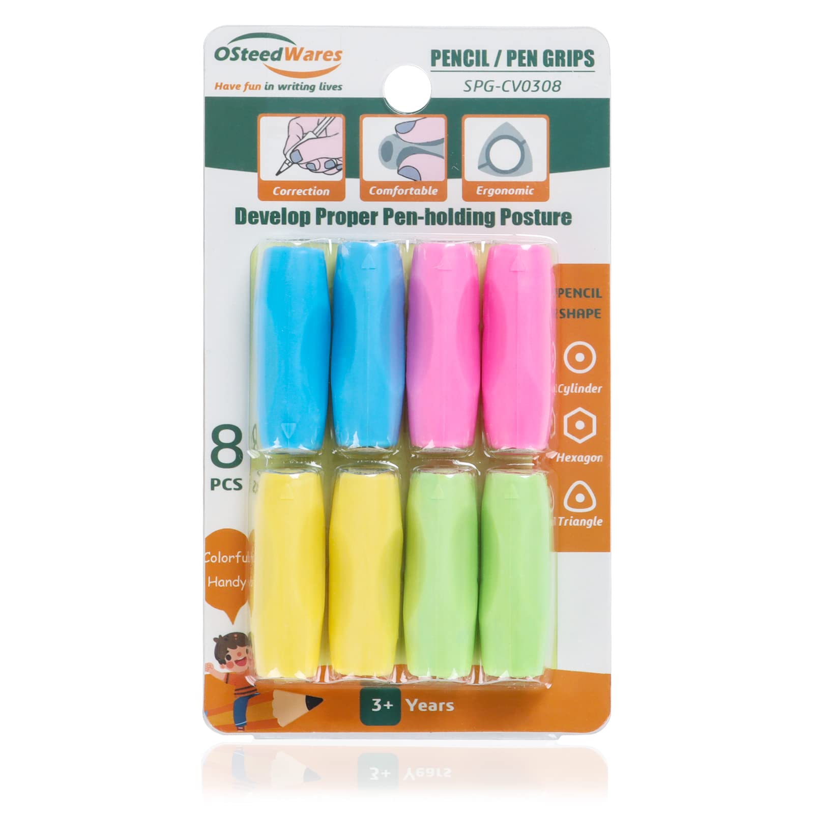 Photo 1 of OSteed Ergonomic Pencil Grips Silicone 8 Pcs for Kids and Adults Handwriting, Gel Pen Grips with 3 Concaves, 1 Pack 4 Colors