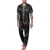ReliWel Men's Silk Satin Pajamas Set 2 Piece Classic Button Down Sleepwear Loungewear Short Sleeve Pjs Tops with Long Pants