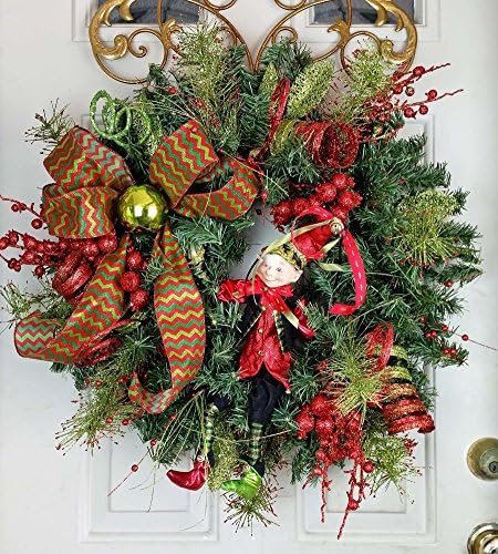Handmade Christmas Elf Door Wreath - Christmas Raz Elf Wreath - Glitter Embellishment and Bow - Holiday Whimsical Door Wreath