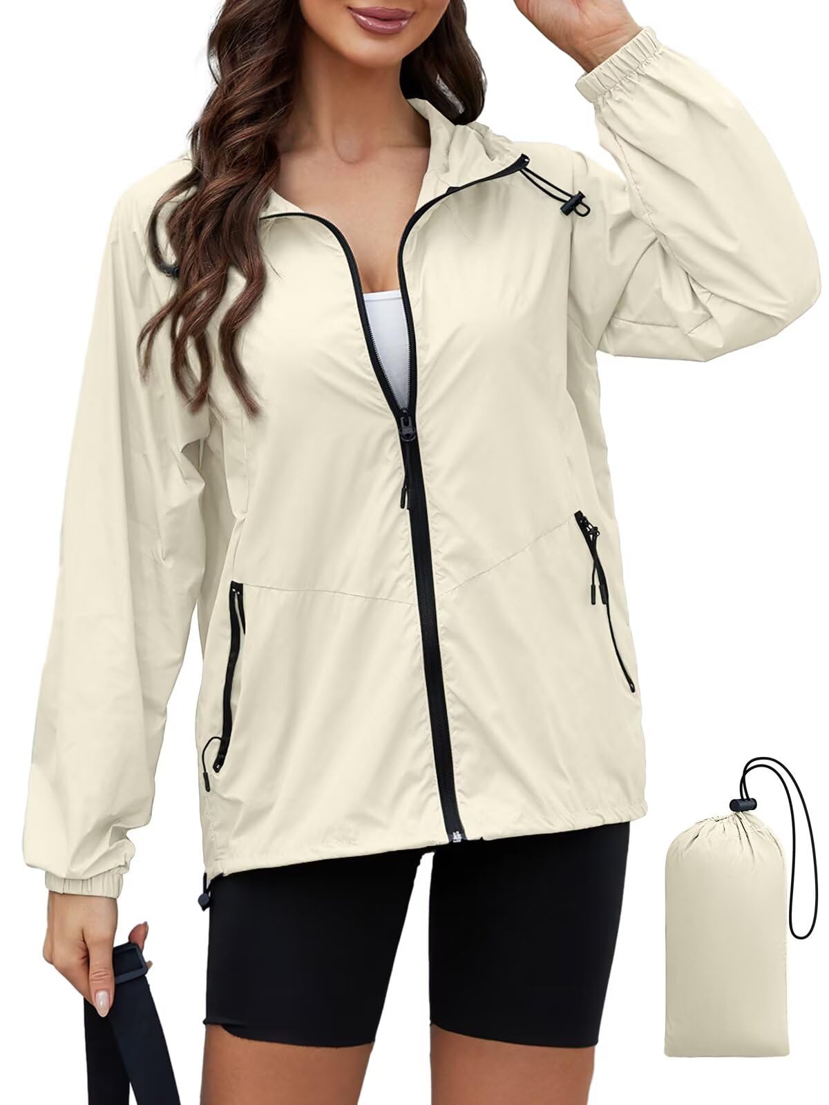Photo 1 of CRIPOM Womens Jacket with hood Waterproof Lightweight Packable Rain Jackets for Women Outdoor Raincoat with Pockets Beige L