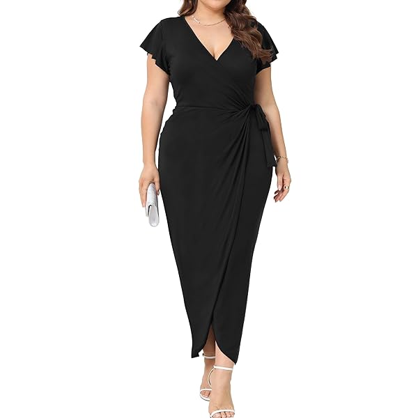 2025 WOMENS DEEP CROSS V NECK RUFFLE SLEEVE TULIP HEM PLUS SIZE WORK  COCKTAIL PARTY ELEGANT RUCHED LONG WRAP DRESS BLACK - Korting Discount  Outlet