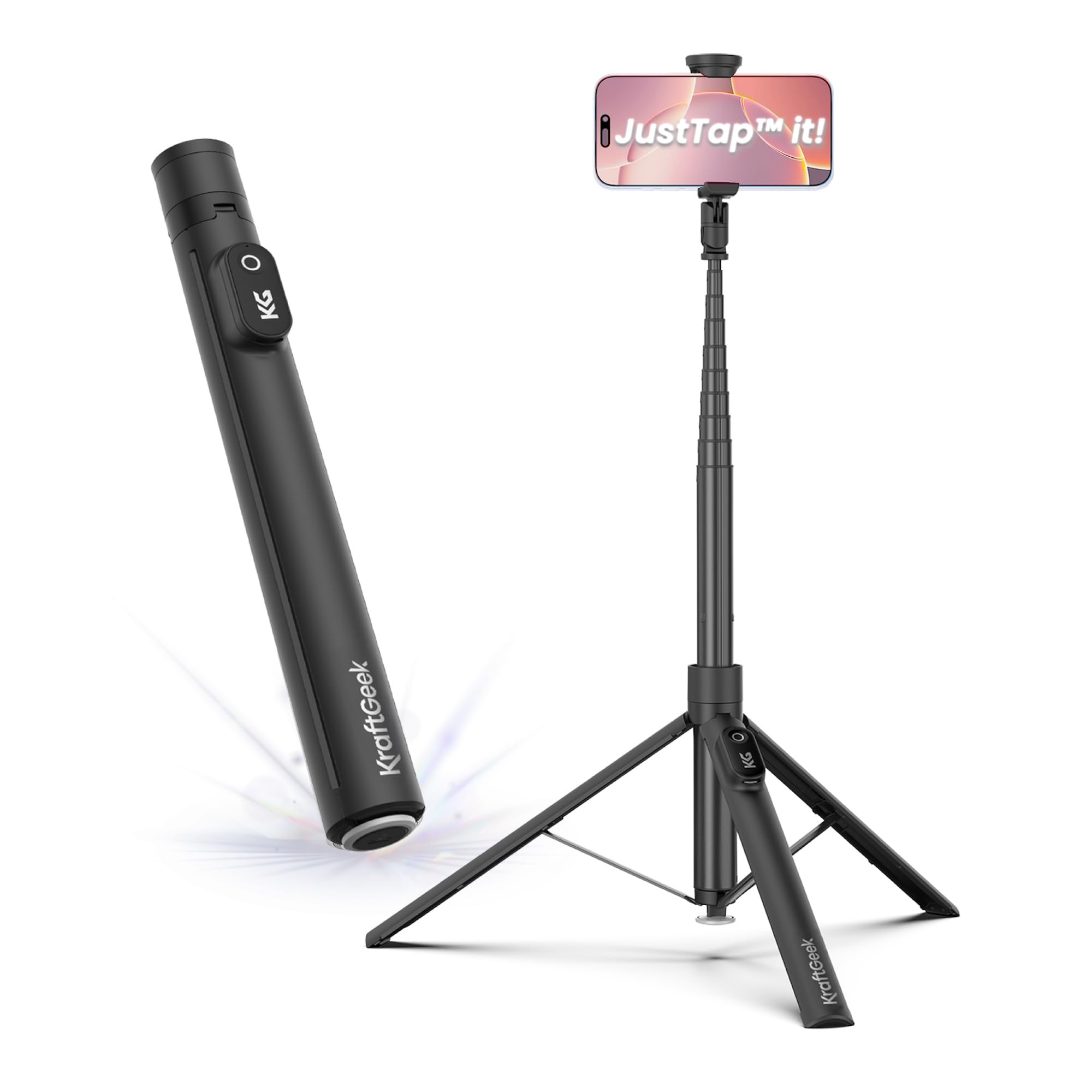 KraftGeek Automatic Tripod for iPhone, 66" Phone Tripod Selfie Stick for Cell Phone, Tripod Stand with Remote for Video Recording, Black