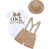 AWIBMK Baby Boy Safari 1st Birthday Outfits Jumgle Theme Cake Smash Photoshoot Outfits Romper Suspender Hat Shorts Set