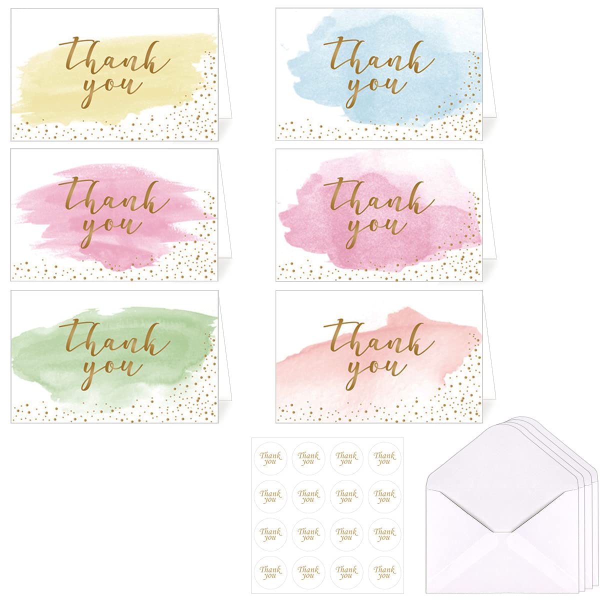 Thank You Greeting Cards, Pack of 12 Blank Gold Foiled Watercolour Postcards With 12 Stickers, Used for Birthday, Wedding, Business, Mothers, Fathers, Friends Thank You Cards