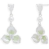 Sonateomber Silver CZ Pearl Flower Leaf Dangle Drop Earrings For Women, Dainty Floral teardrop Rhinestone Dangling Earring Party Fashion Jewelry Gift