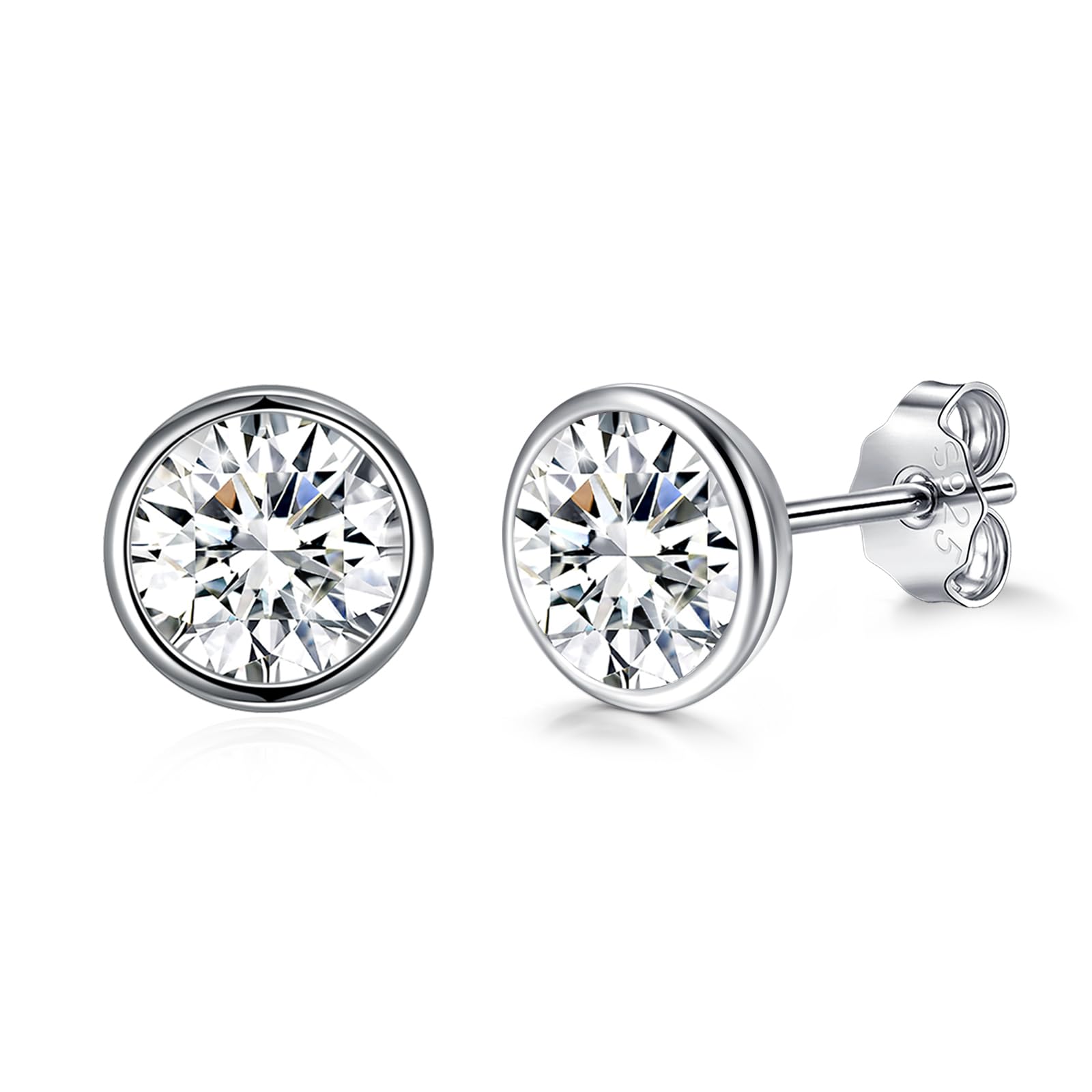 Jösva Silver Stud Earrings for Women Men, Hypoallergenic 925 Sterling Silver Studs Earring with Cubic Zirconia, Tiny Small Round Circle Ear Pierced Earrings, White Unisex Sleeper Earrings Size 8mm