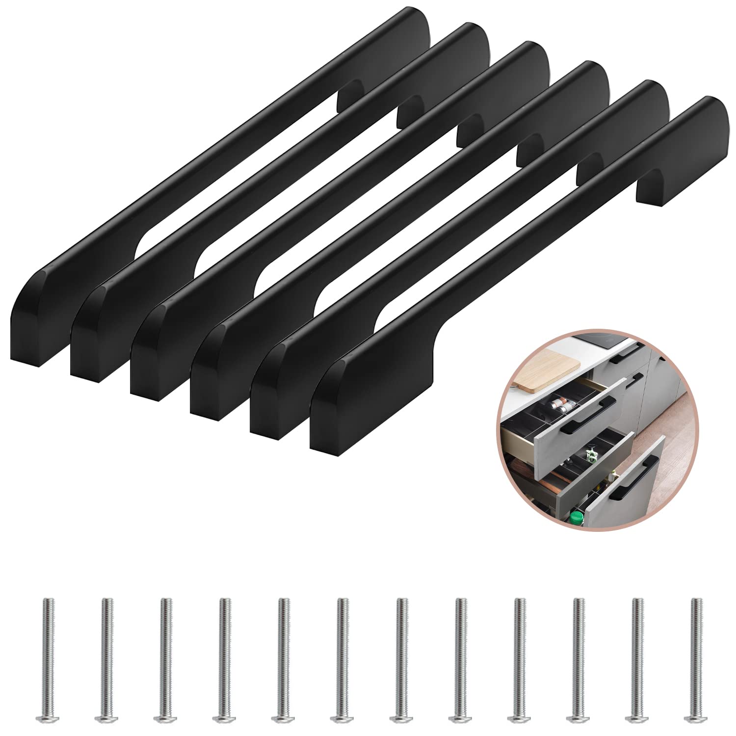 Lxoraziy 6 Pack Kitchen Door Handles, 192mm Hole Centre Flat Black Cabinet Handles, Aluminum Alloy Furniture Drawer Pulls (Screws Included)