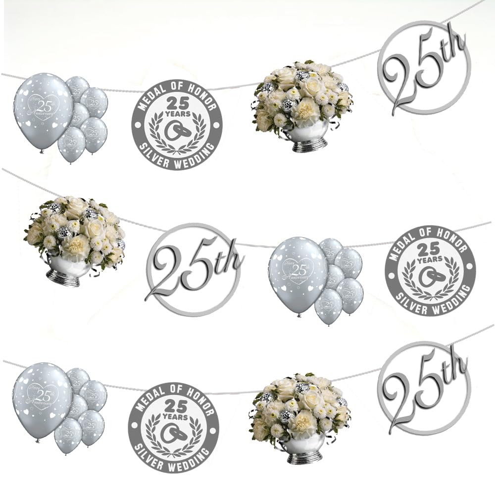 AK Giftshop 25th Silver Wedding Anniversary Bunting Party Decorations - 12pcs / 2.5m Ribbon