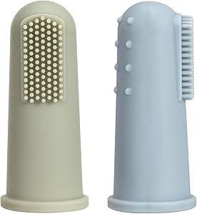 TOPGOMES Baby Finger Toothbrush with Case, Food Grade Silicone, BPA Free, 2-Pack (Sage+Ether)