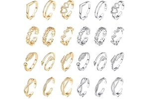 24Pcs Open Toe Rings Set for Women Adjustable Toe Band Knuckle Ring Arrow Knot Star Moon Finger Tail Foot Rings Summer Beach 
