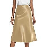Rooscier Women's Silky Satin High Waist A Line Flared Zipper Elegant Midi Skirt