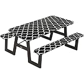 Fitted Picnic Table Cover with Bench Covers, 3 Pieces Waterproof Camping Picnic Tablecloth Cover with Elastic Edge for Indoor/Outdoor/Patio, 6ft Rectangular Vinyl Picnic Table Cover, Black and White