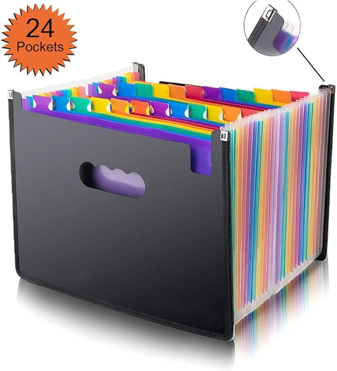 Expanding File Folder, 24 Pockets MultiColor Accordion A4 Documents