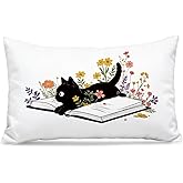 NEFMGEG Floral Black Cat 12x20 Pillow Cover, Cat Lover Mom Lady Gifts, Moody Cute Black Kitty Wildflower Botanical Decorative Throw Pillow Covers Pillowcases for Bedroom Living Room Home Decor
