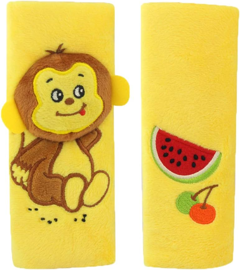 Childrens Seat Belt Pads/Baby Car Seat Shoulder Straps,Yellow Cute Animal Pushchair Stroller Seat Belt Cover Shoulder Pad,Safety Protection Kids Shoulder,Body 1 Pairs(Monkey)