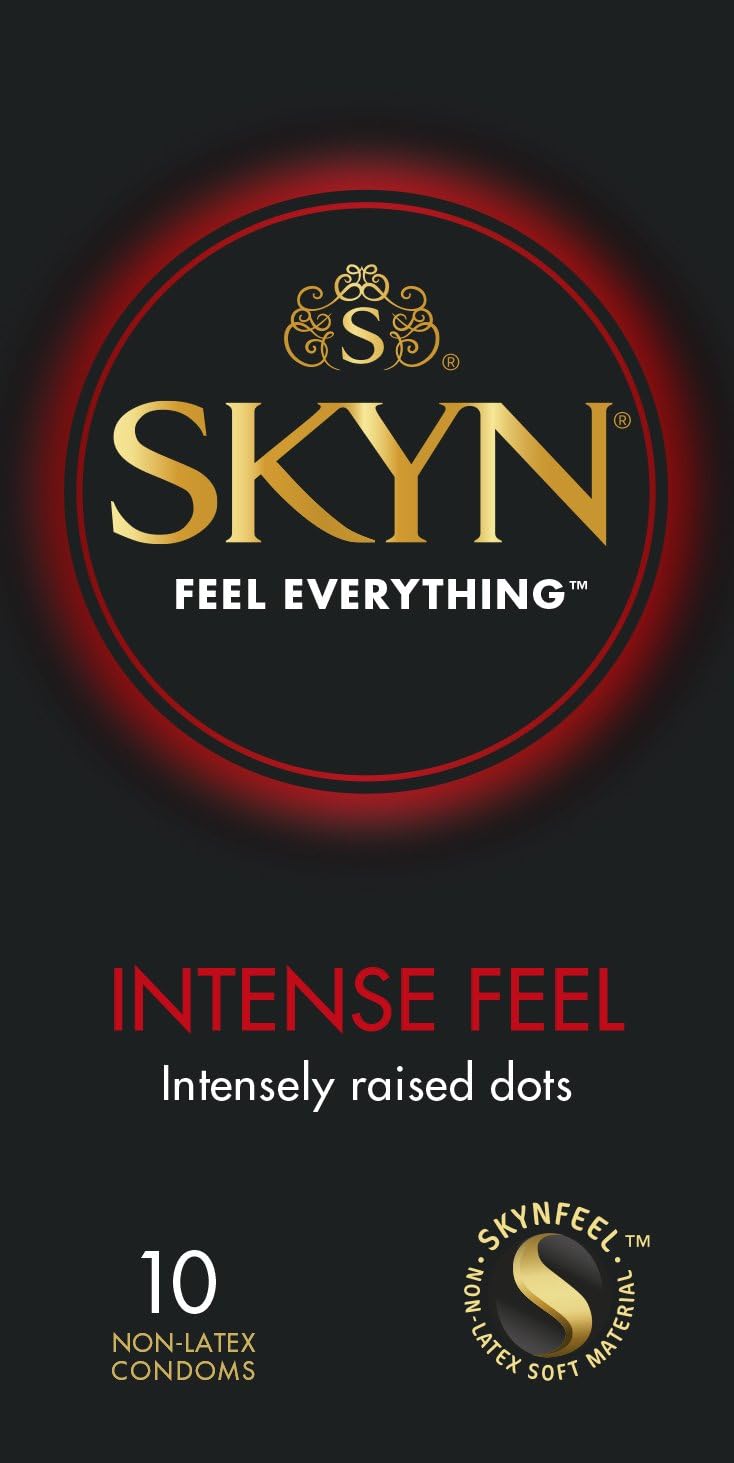 SKYN Intense Feel Condoms Pack of 10 SKYNFEEL Latex Free Condoms for Men Regular Size, Thin, Ribbed and Dotted Straight Shape
