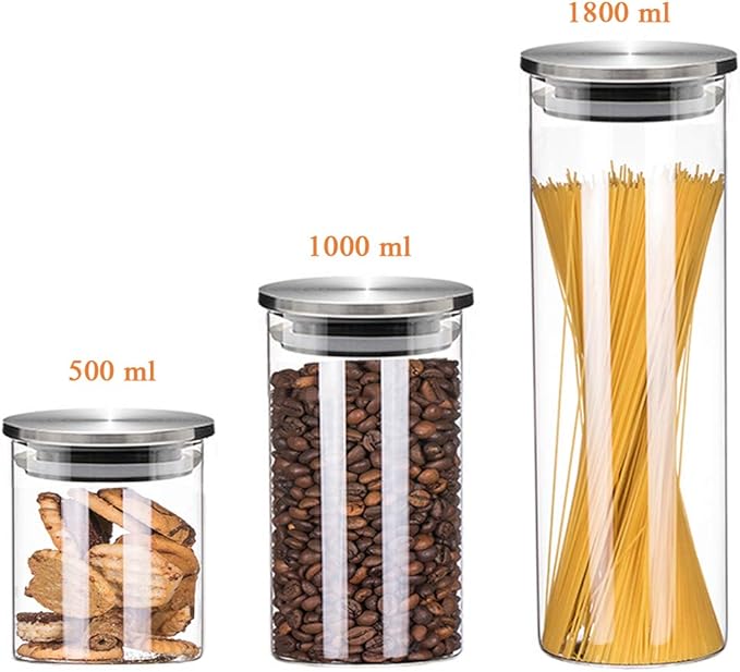 Stackable Glass Food Storage Canisters, Kitchen Jars with Stainless