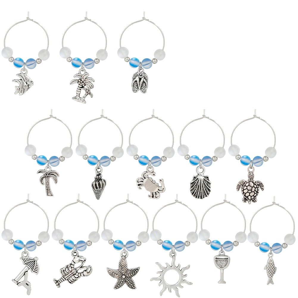 SUNNYCLUE 1 Box 14Pcs Drink Charms Bulk Wine Marker Charms Wine Glass Identifier Sea Summer Ocean Hawaii Glass Ball Charms Wine Identifiers for Gathering Wedding Gift Party Favor Drinks Decor UK