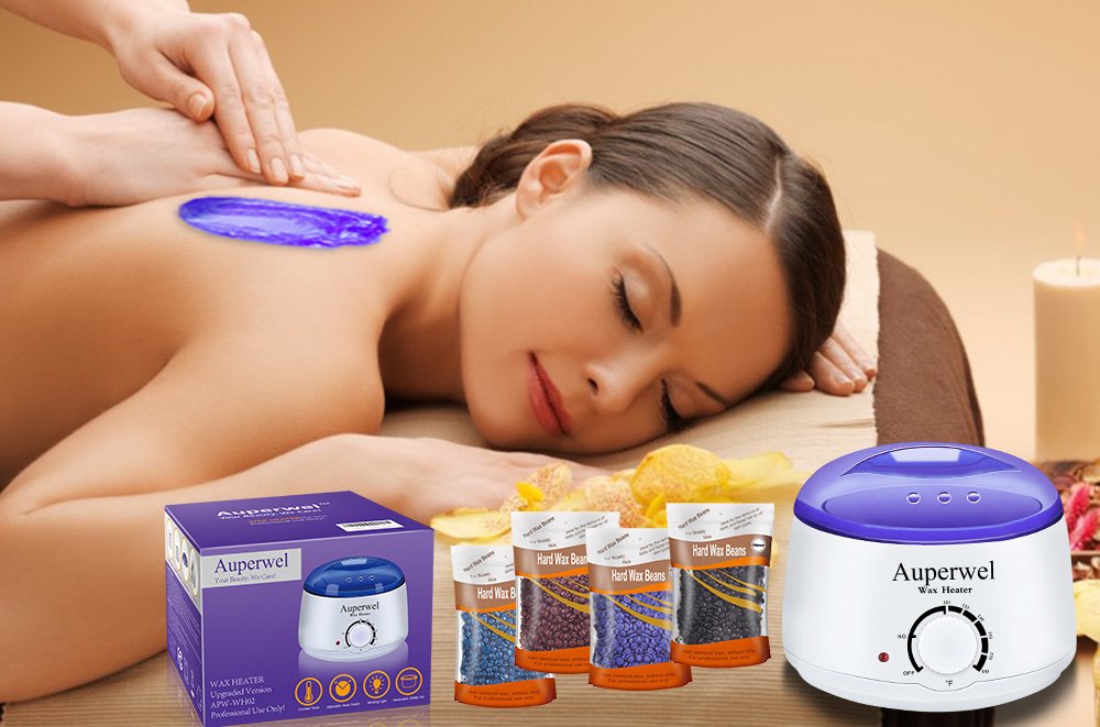 Auperwel Wax Warmer Waxing Kit - Hair Removal Hot Body Wax Heater Kit with 4 Hard Wax Beans 20 Waxing Spatulas (Hard Wax Kit)