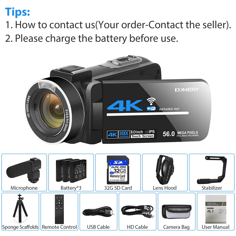 KOMERY Camcorders Video Camera 4K 56MP UHD for YouTube with External Mic with 32G SD Card 2.4G Remote IR Night Vision, 18X Digital Zoom WiFi