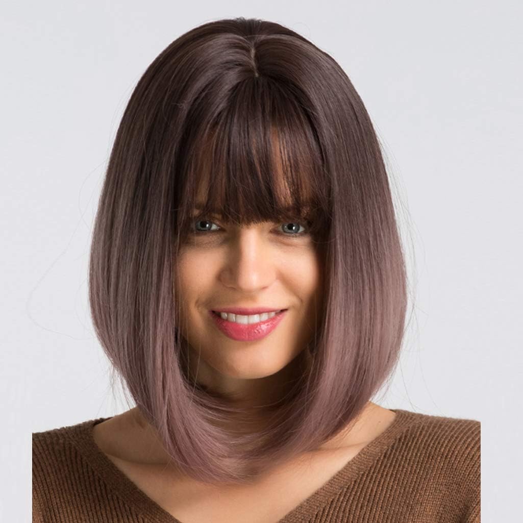 TANTAKO® Dark Purple Ombre Bob Wig for Women Short Straight Wig with Bang Daily Use Halloween Cosplay Hair Wig with Wig Cap