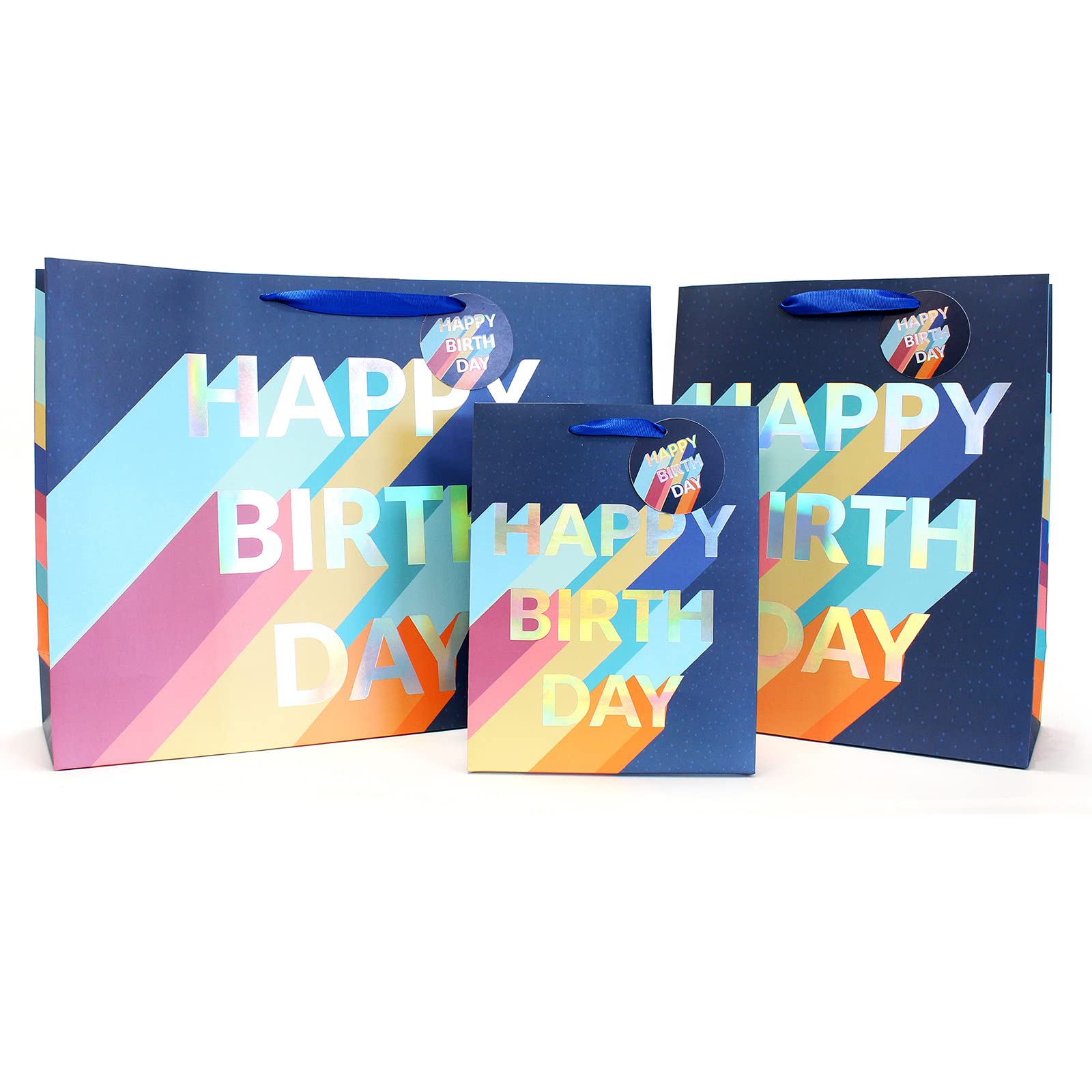 Birthday Gift Bag Assortment with Ribbon Handle 3 Pcs Premium Quality Assorted Sizes Paper Bags Set of Small Medium and Large (Design 1)