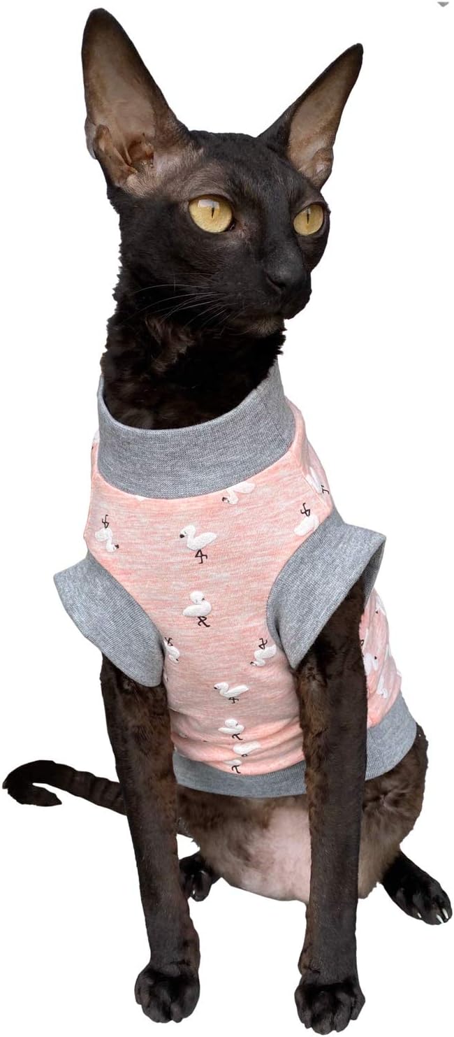 Kotomoda Hairless Cat's cotton stretch T-shirt Small Flamingo for Sphynx Cats (M) - Image 4