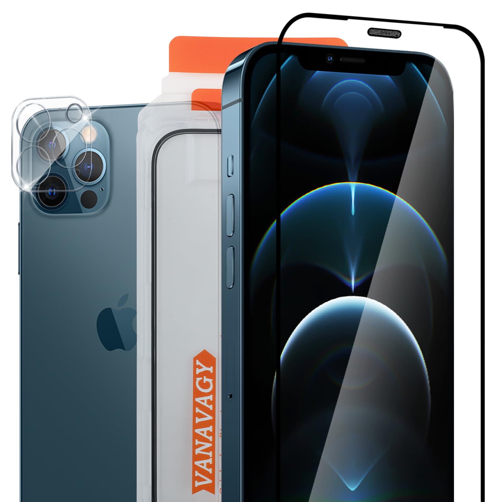 VANAVAGY Glass Screen Protector Compatible for iPhone 12 pro 6.1 inch [2 Pack][Scratch Resistant], Camera Lens Protector included, Film with Frame Full Coverage Case for Easy Installation