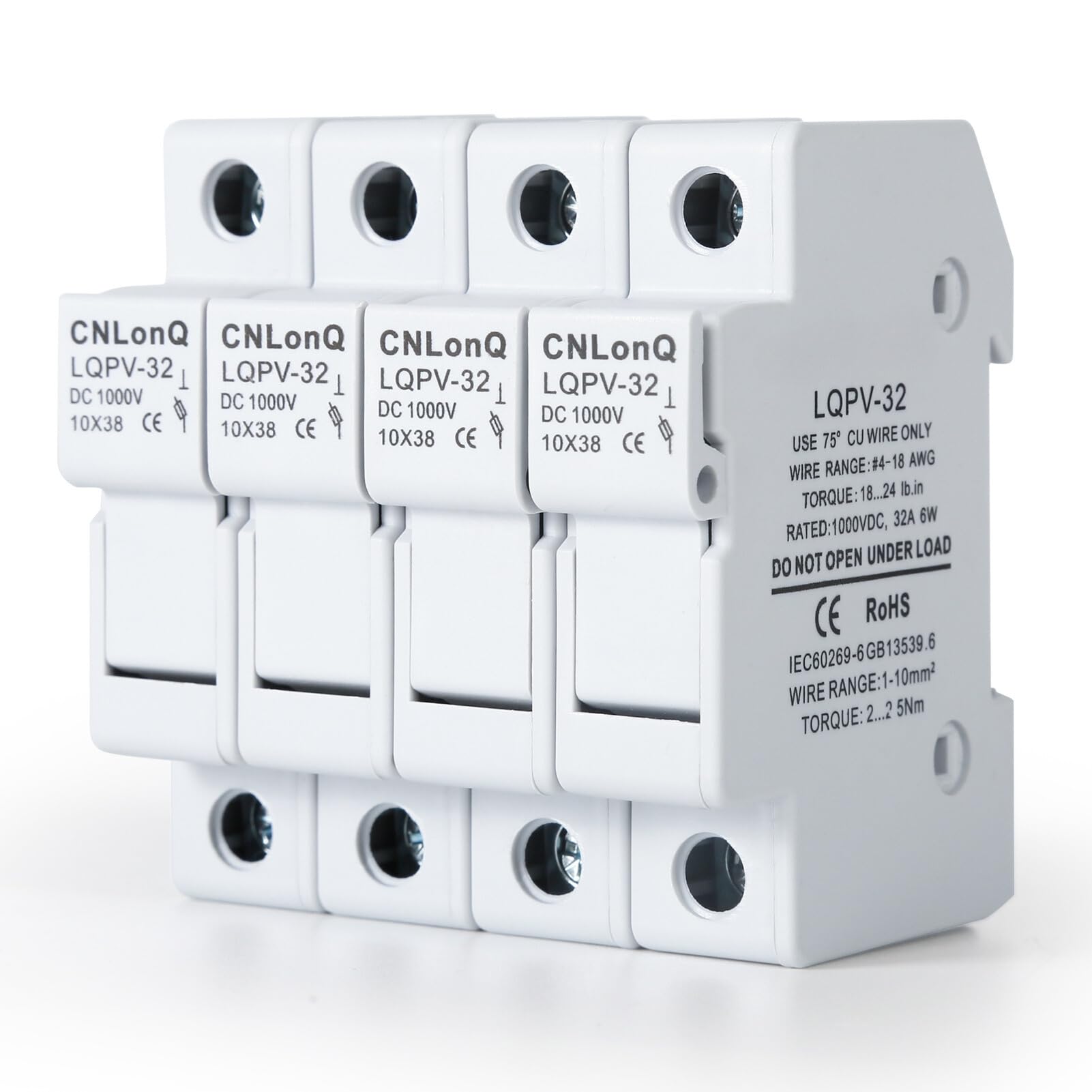 DEWIN Solar PV Fuse Holder, Solar/Photovoltaic Fuse Holder 4pcs Fuse Base Without Light RT18-32X 1P DC1000V 10x38mm DIN Rail Mounting