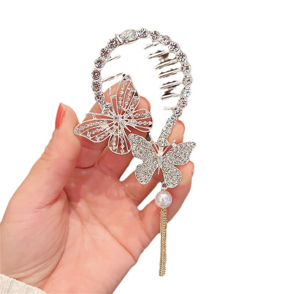 Elegant Butterfly Ponytail Buckle Hairpin Tassel Rhinestone Pearl Metal Disc Hair Clips Decorative Accessories for High Ponytail Hair for Women & Girls