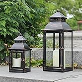 NEEDOMO Lanterns Decorative Outdoor&Indoor, Set of 2 Large Bronze Metal Lantern Decor with Glass, Candle Holder for Porch, Pa