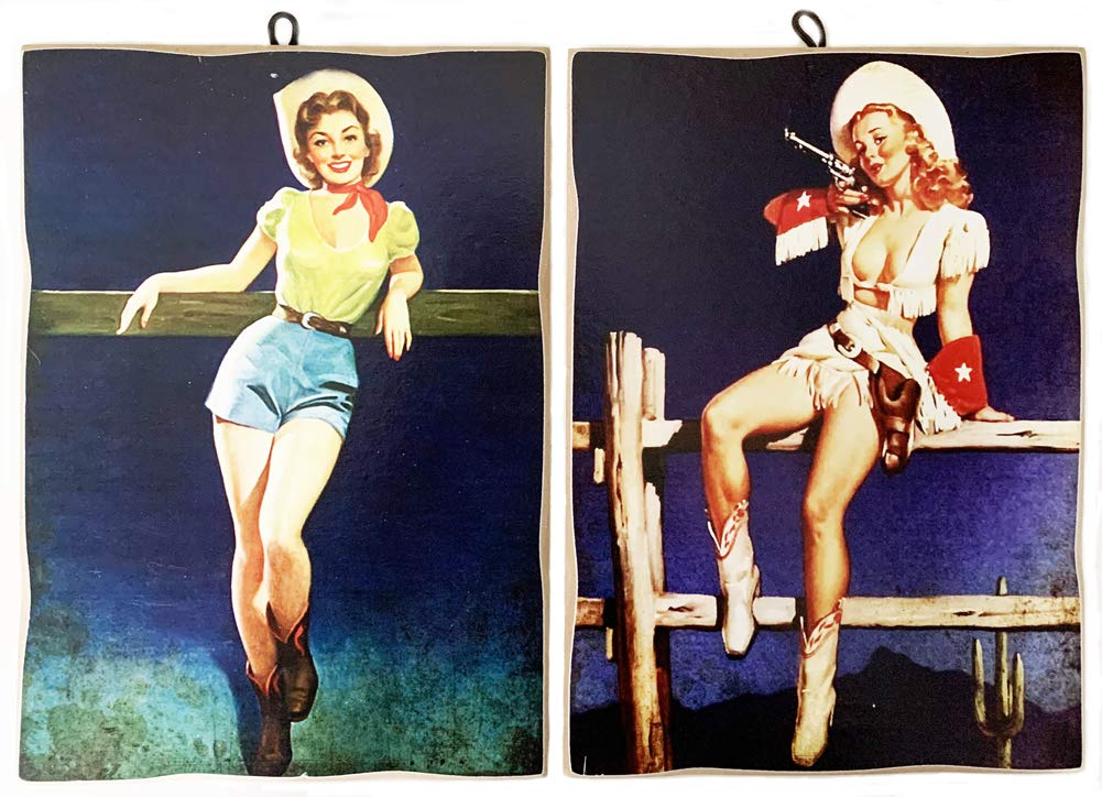 KUSTOM ART Set of 2 Vintage Style Pin-up Cowgirl Collectible Wood Print