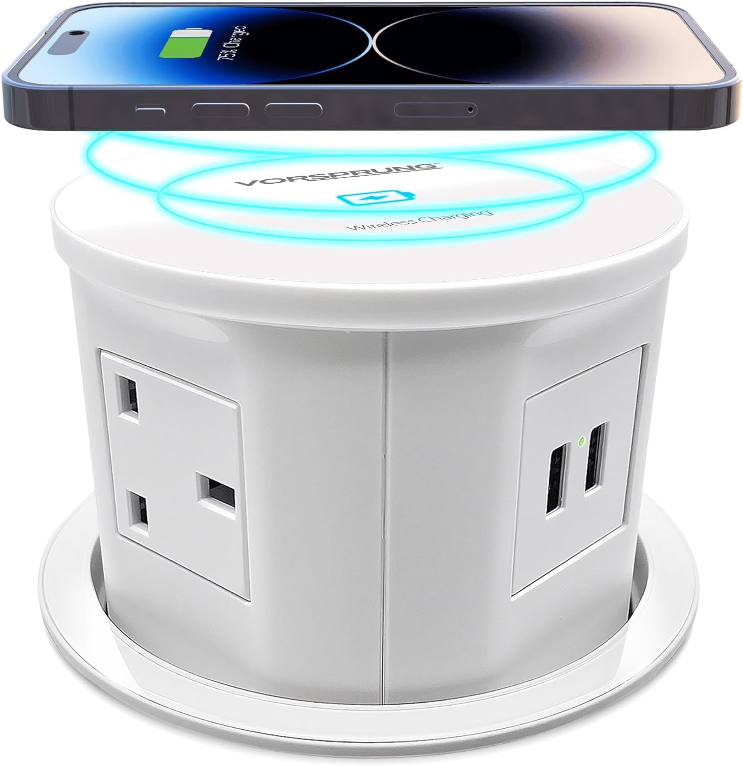 VORSPRUNG® Automatic POP UP Sockets Kitchen Worktops Offices, Wireless hidden retractable pop-up 3 pin plugs,2x USB + Qi charging, ipads phones +surge protection charge (White)