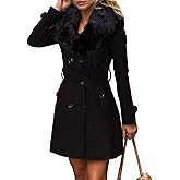 xxxiticat Women's Faux Fur Trench Coat Long Sleeve Double Breasted Belted Wool Blend Furry Long Winter Dress Coat Overcoat