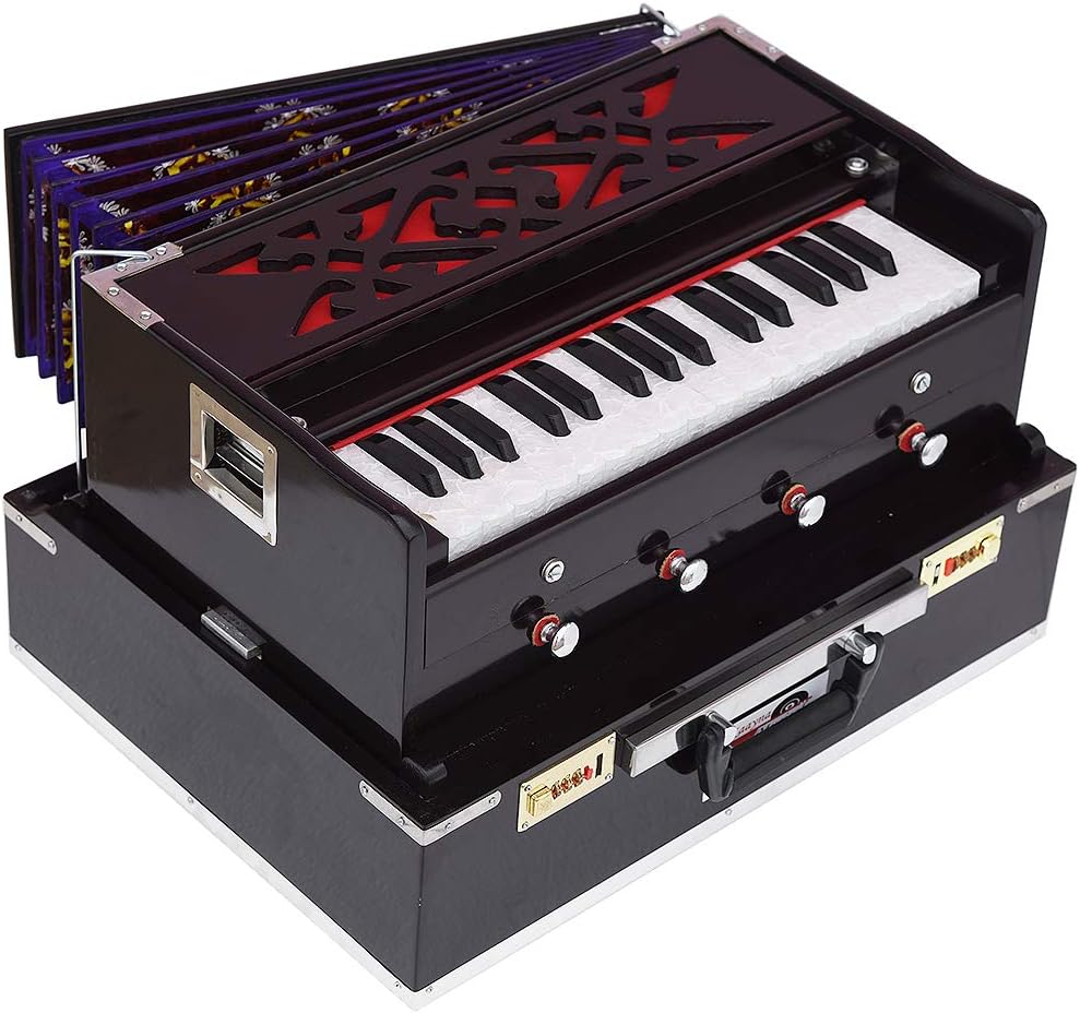 Mini Traveler Harmonium- 2¾ Octave By Kaayna Musicals-Portable, Baja, 4 Stops (2 Drone), Two Set Reed- Bass/Male, Dark Color, Gig Bag, Tuning: 440 Hz, Suitable for Yoga, Bhajan, Kirtan, Mantra, etc.