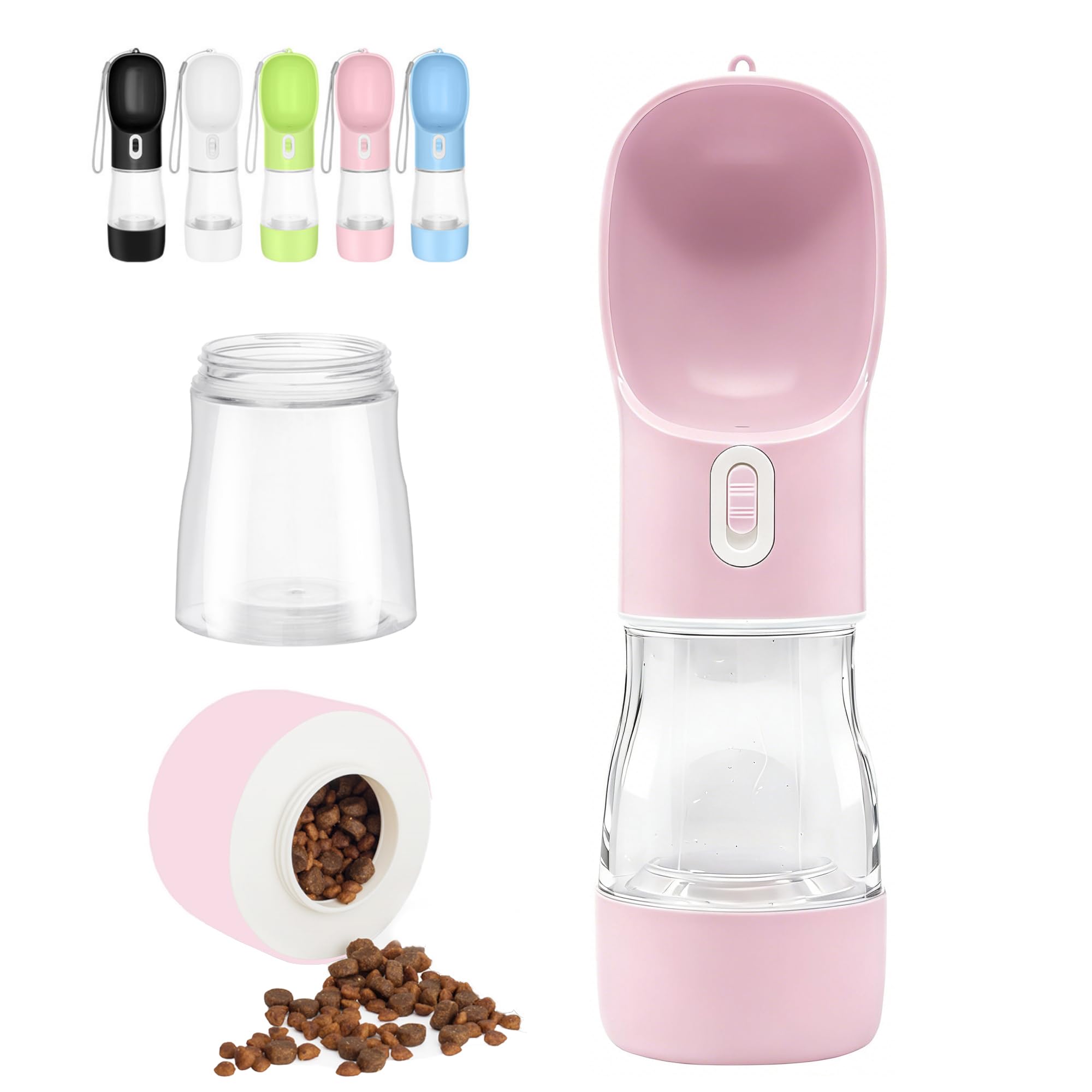 Dog Water Bottle, Portable Dog Drinking Bottles with Food Container, Leak-Proof Dog Water Dispenser & Feeder for Walking Hiking Travel Camping Puppy Essentials Gift (Pink)