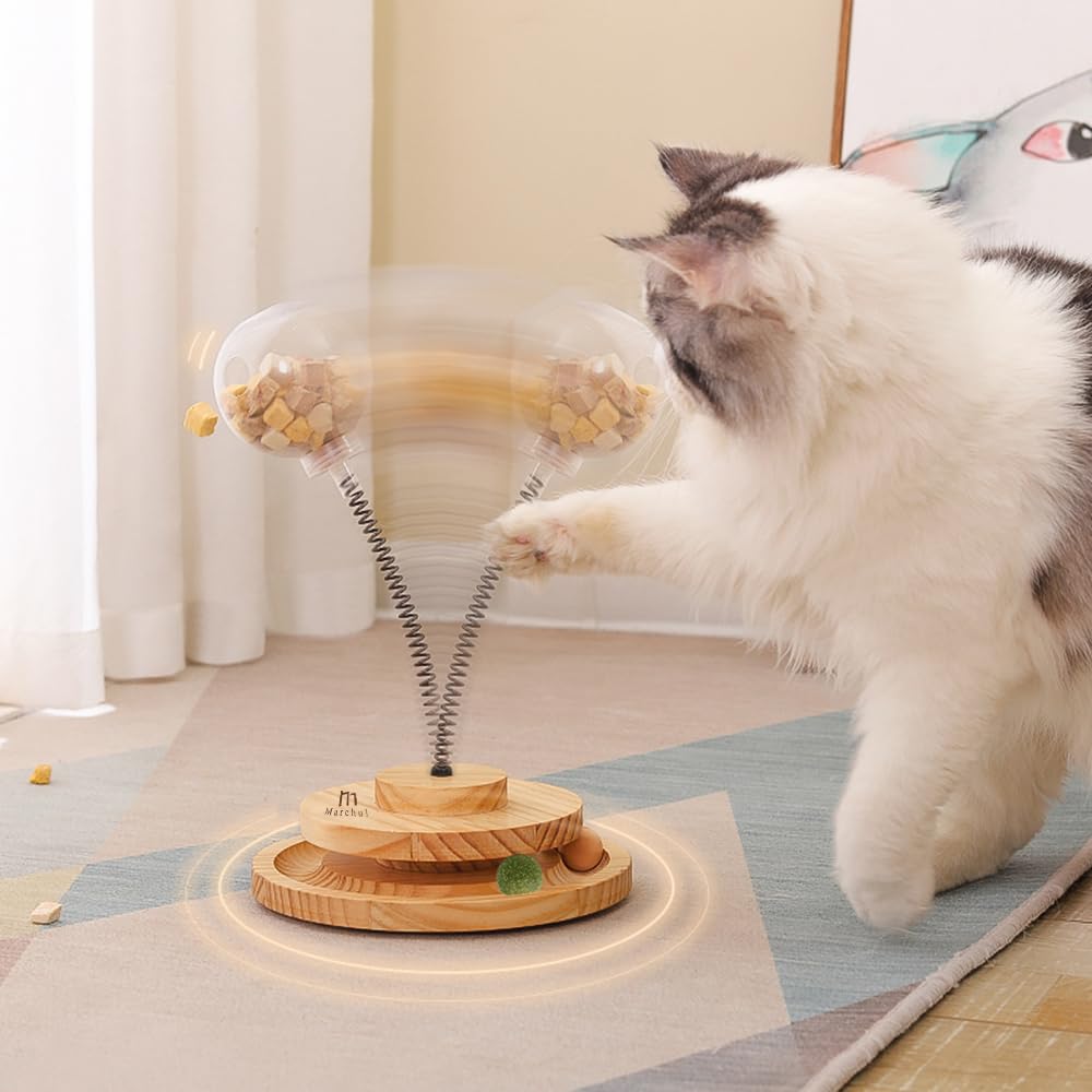 Marchul KatzenSpielzeug mit Futterball Snackball, Katzen Spielzeug Roller Tracks mit Drehteller, Interaktives Katzenspielzeug Aus Holz, Katzen Futterautomat Spielzeug mit Leckerli Ball 4