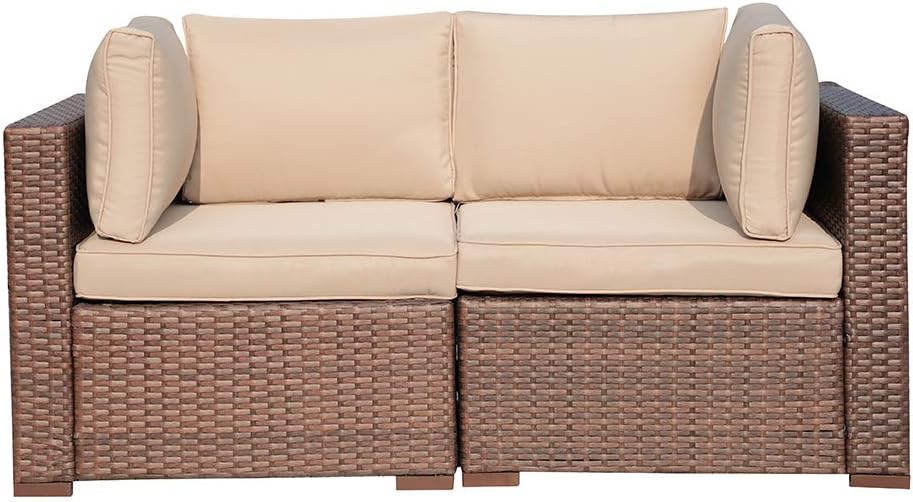 Amazon Com Patiorama Outdoor Loveseat All Weather Rattan Loveseat Brown Wicker Chairs Additional Extra Chairs For Outdoor Sectional Sofa Kitchen Dining